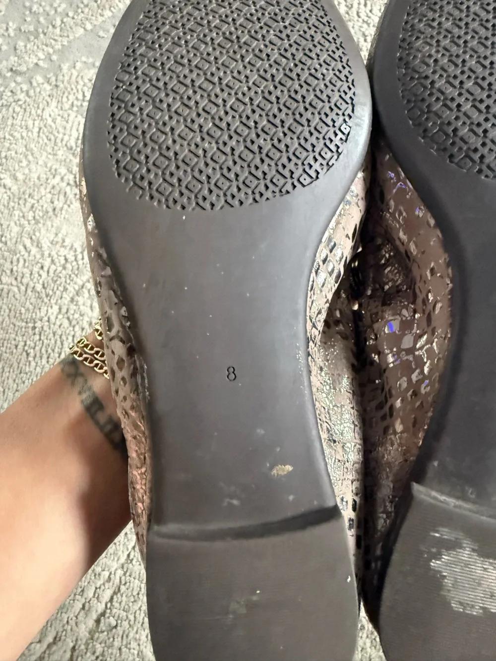 Tory Burch Heidi Metallic Taupe silver Logo Ballet Flats slip on 8